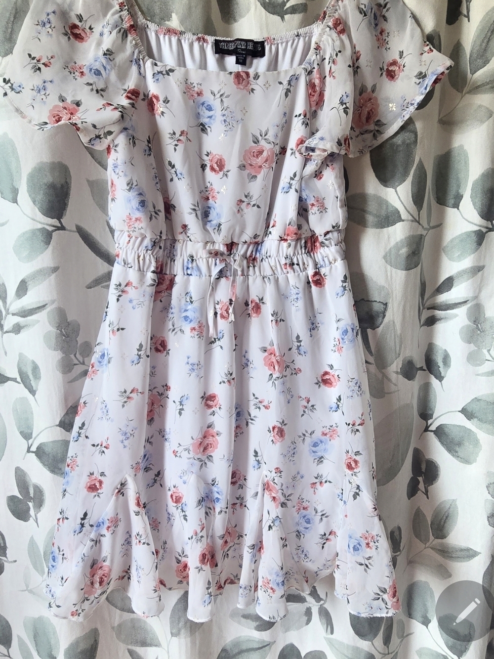 Three Hearts White Dress with Pink and Blue Floral Print & Blue Knit Cardigan